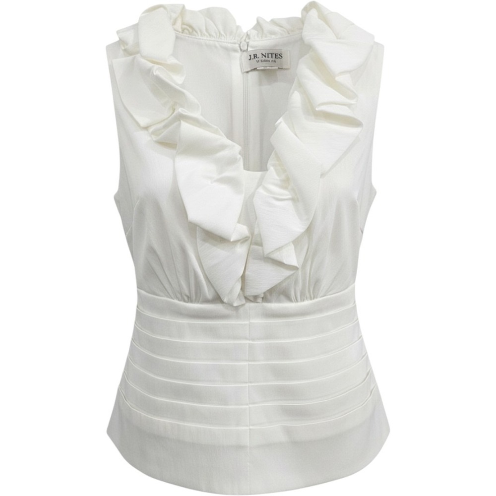JR Nites Carol Lin Ruffle Neck Blouse Women Size 6 White Sleeveless Pleated Top